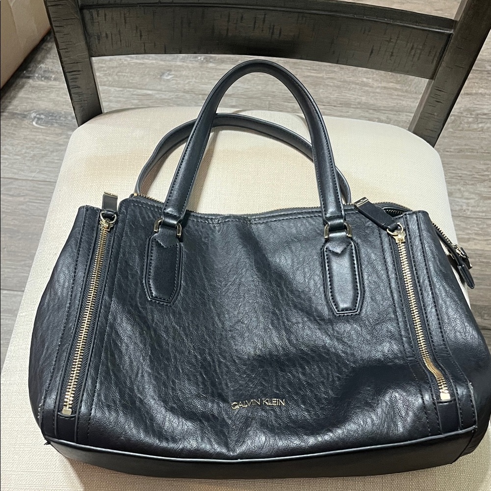 Calvin Klein Black Leather Tote with Gold Zippers